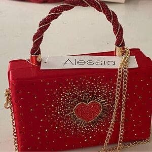Alessi Red Heart-Embellished Box Clutch with Gold Chain, NWT, Crossbody